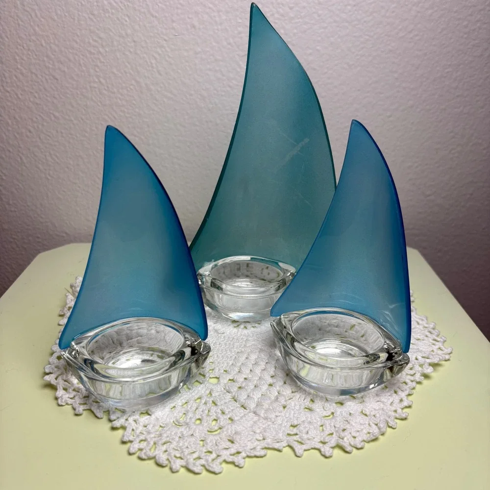 Design Ideas 3 Regatta Sailboat Votive Holders Blue Frosted Glass Nautical Decor